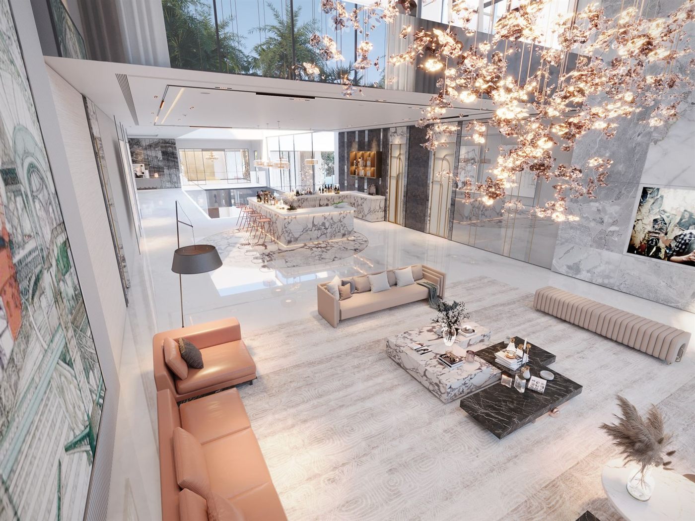 Salón de doble altura con sofás en cuero color arcilla, mármol blanco e iluminación escultórica