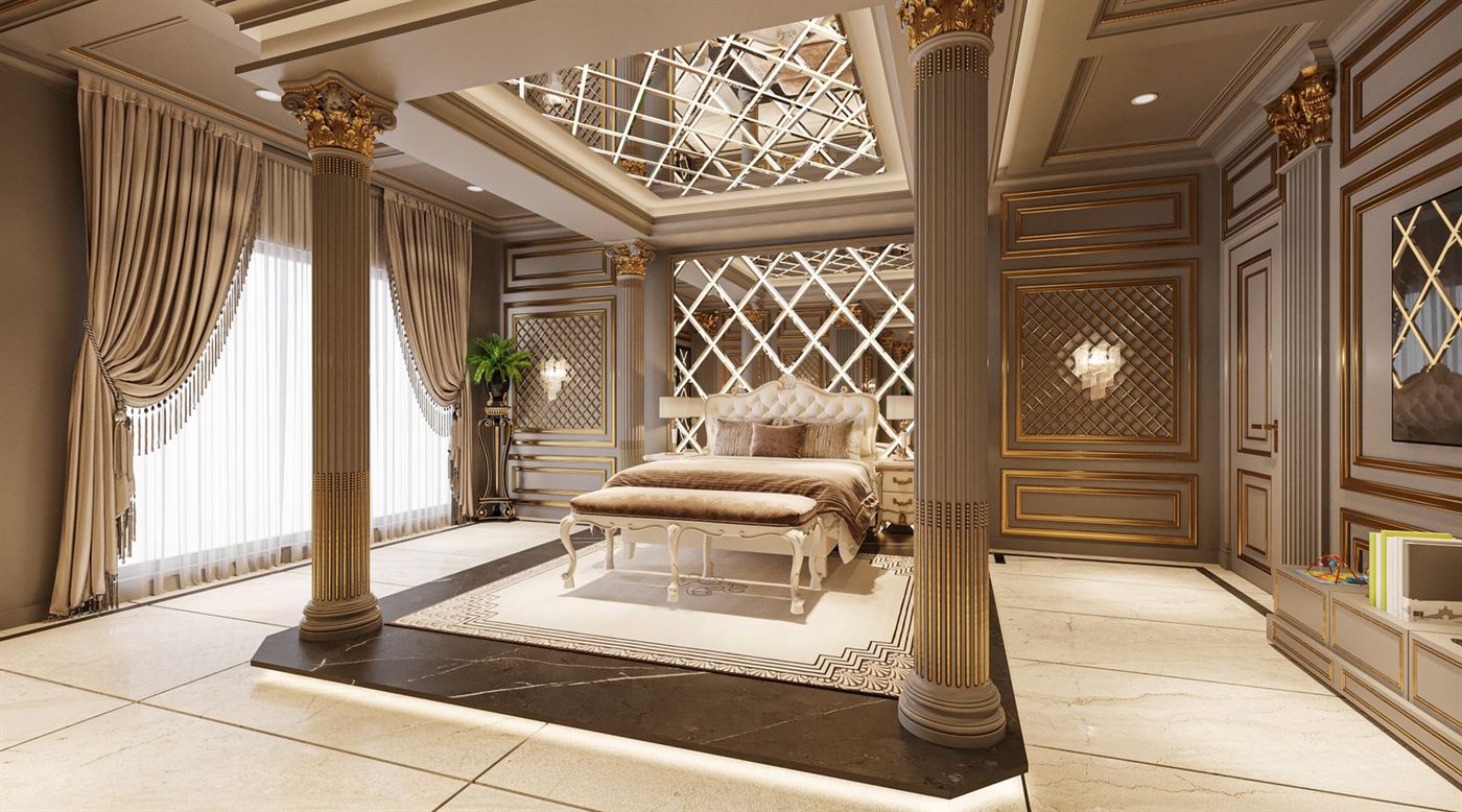 Dormitorio principal de estilo clásico con columnas, molduras doradas y textiles en tonos arena